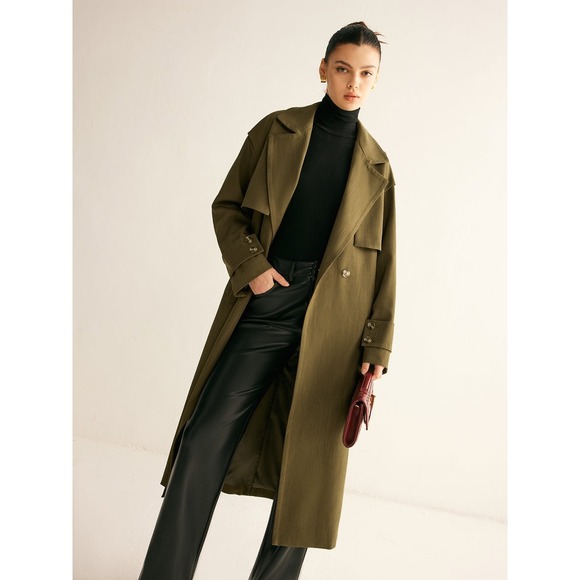Commense Olive Green Trench Coat Longline Double Breasted Belted Classic Style - Picture 4 of 6